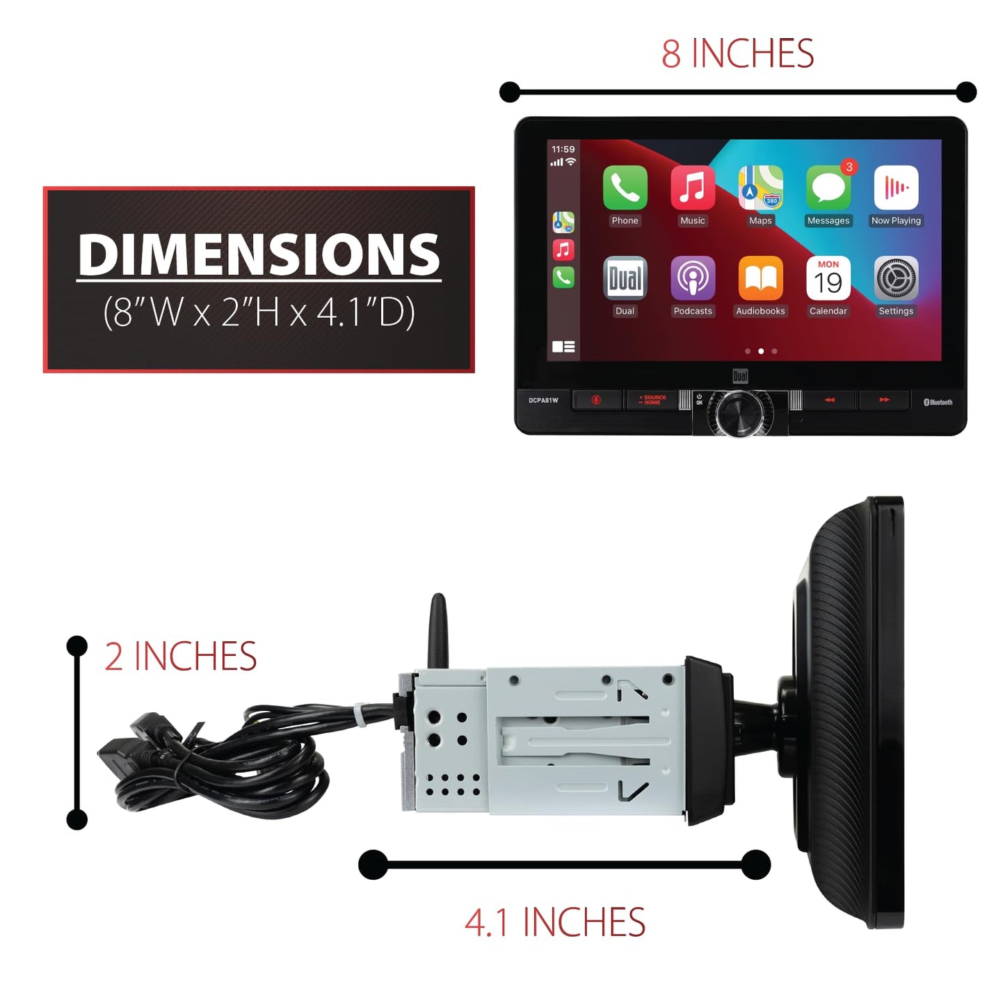 Dual Electronics DCPA81W 8-inch Certified Apple CarPlay Android Auto Wired or Wireless | Single DIN and Double DIN Touchscreen Car Stereo | Bluetooth