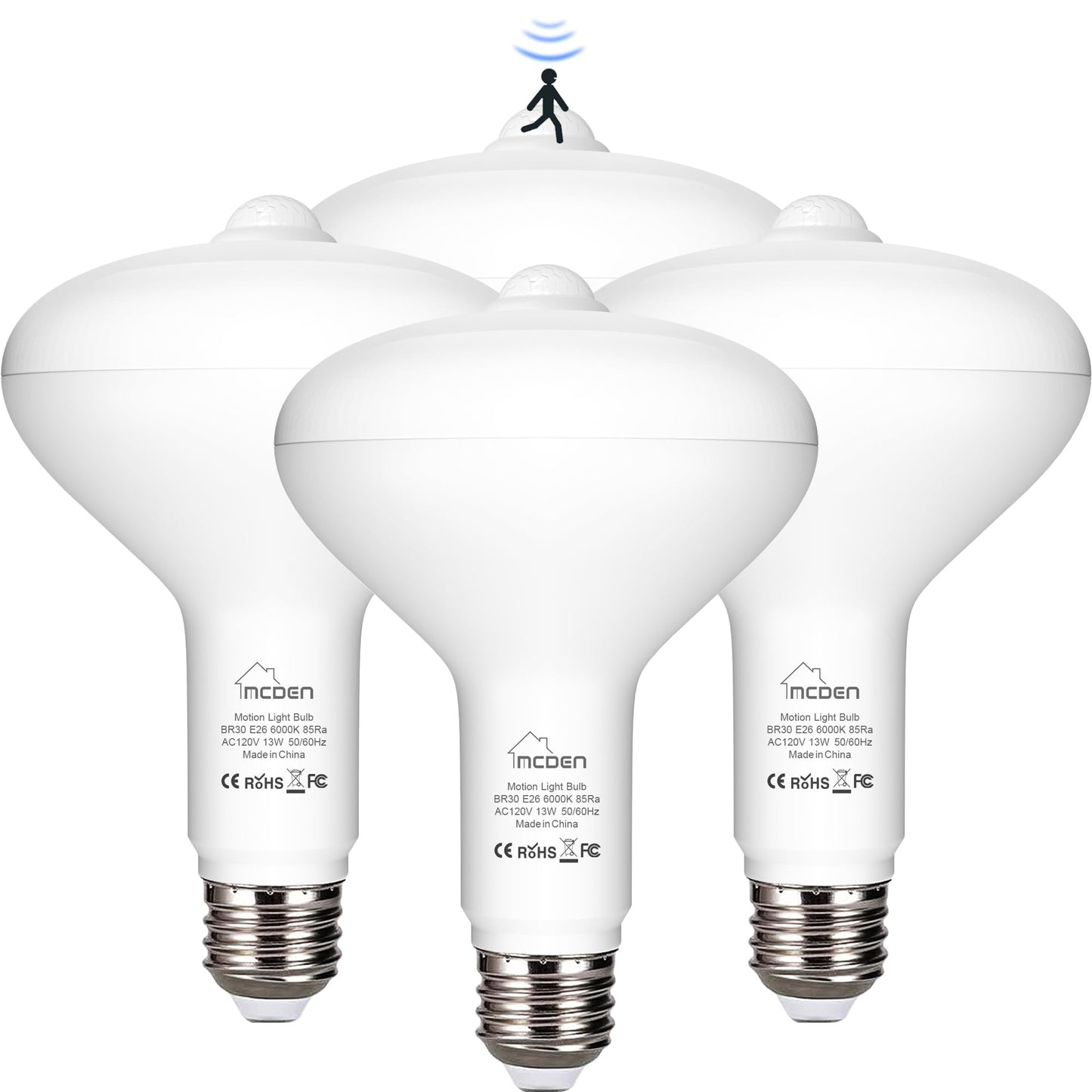 McDen Motion Sensor Light Bulb, BR30 13W Equivalent 100W 6000K Daylight, Indoor Motion Activation Detector Light Bulb, E26 Base Dusk to Dawn Security
