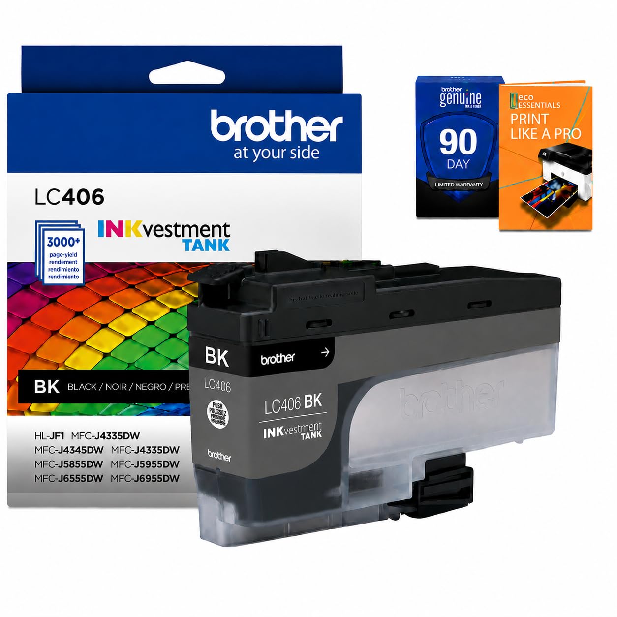 Brother Genuine LC406BK Black Standard Yield Ink Cartridge Bundle with Deco Essentials Printer eBook, for MFC-J4335DW, MFC-J4345DW XL, MFC-J4535DW