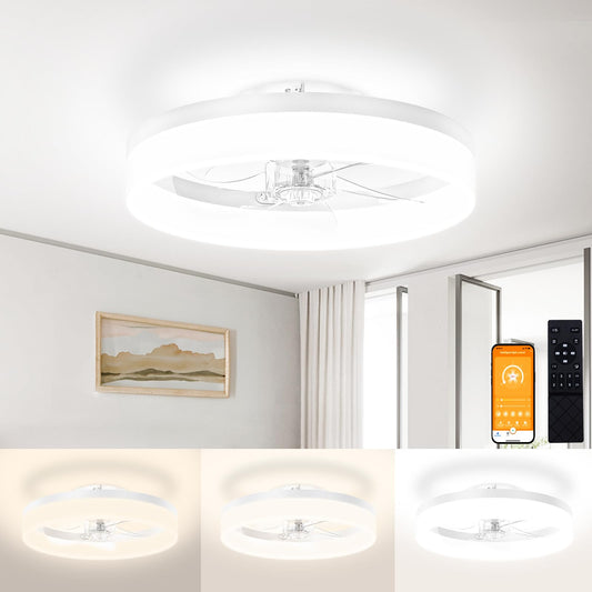 VOLISUN Low Profile Ceiling Fans with Lights and Remote,15.7in Modern Ceiling Fan Flush Mount, 3000K-6500K Dimmable Bladeless LED Fan Light,White