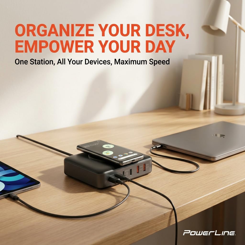 PowerLine 100W, 7-Port (4X USB C, 2X USB A, Wireless Charging pad) Desktop Charging Station (PD3 Fast Charging, GaN Tech) for MacBook, Laptop