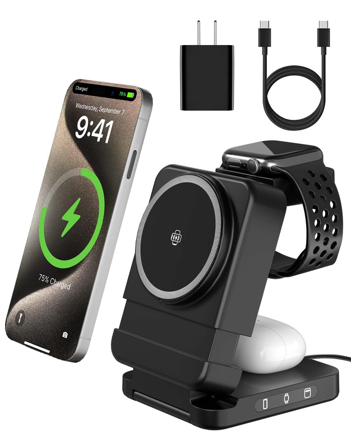3-in-1 Foldable Wireless Charging Station, 15W Qi2 Magnetic Charger Stand for iPhone, Samsung, Apple Watch, Galaxy Watch, AirPods and Galaxy Buds