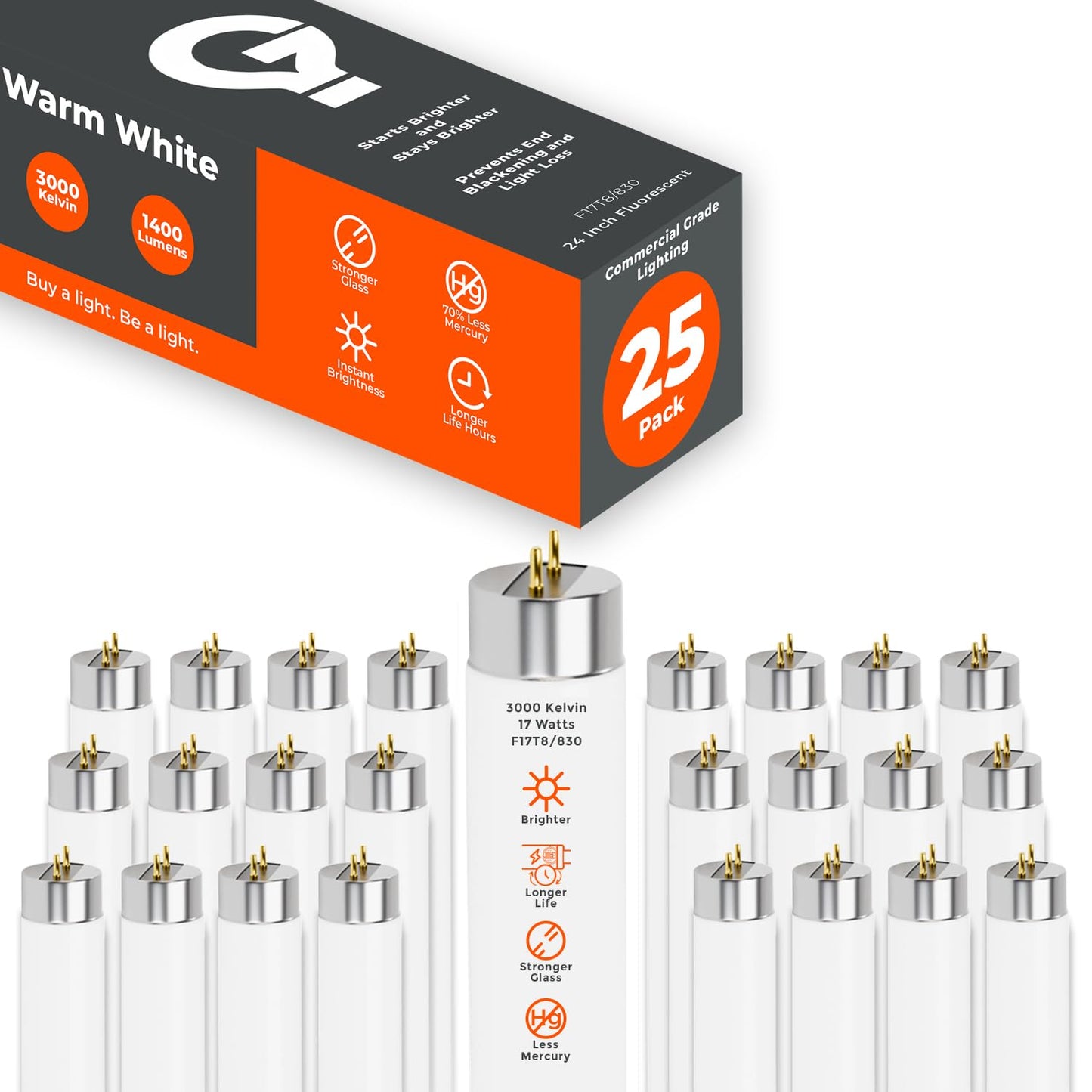 GoodBulb 17W 24 Inch T8 Fluorescent Light Bulb 3000K Warm White Medium Bi-Pin Base 1400 Lumens 86 CRI 36000 Life Hours Instant/Programmed Start 25