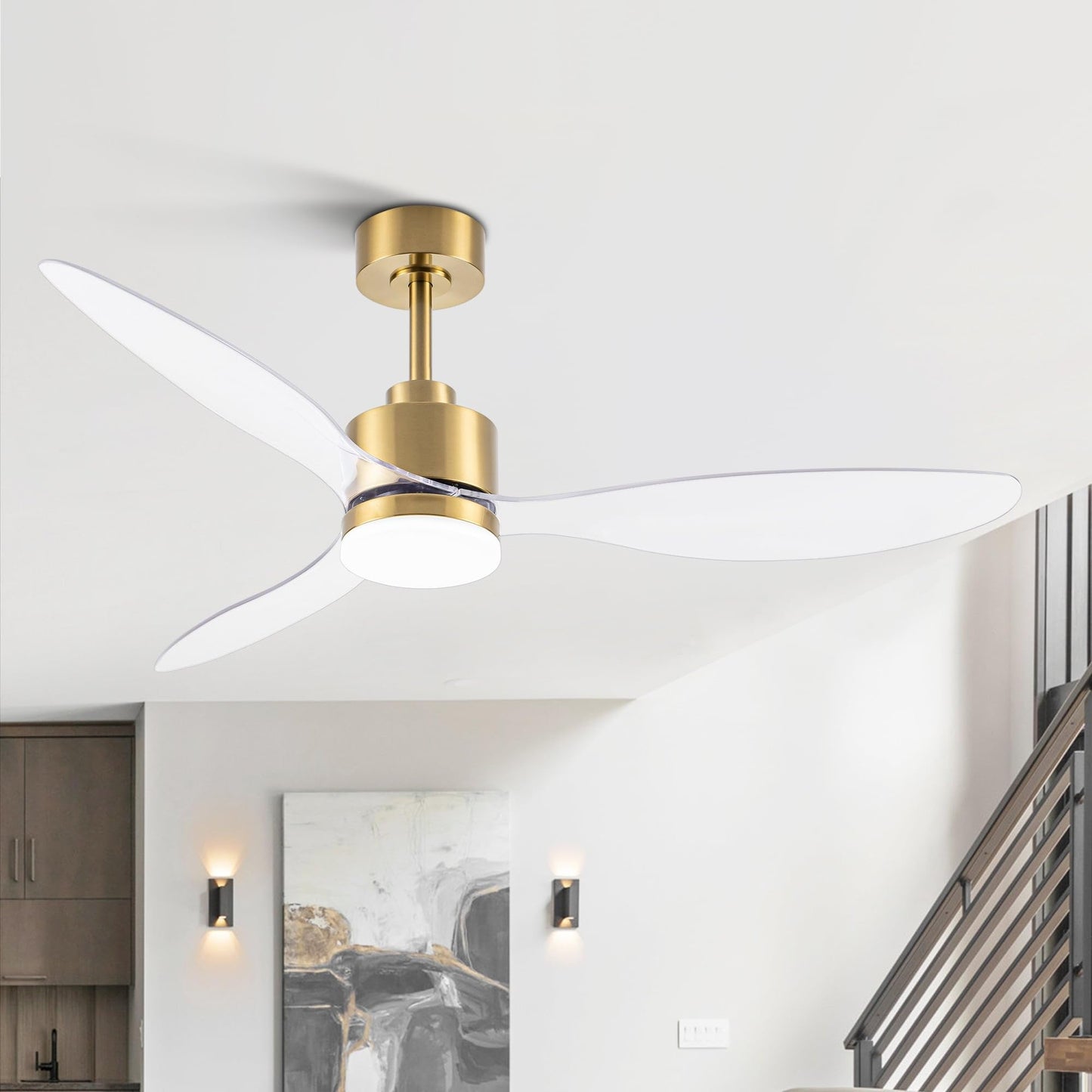 Breezary 52 Inch LED Ceiling Fan with Lights Remote(3-Blade) Gold Body+Clear Blade