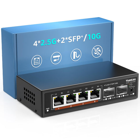 6 Port 2.5G Unmanaged Ethernet Switch, 4 x 2.5G Base-T Ports, 2 x 10G SFP, Compatible with 100/1000/2500Mbps, VLAN, Fanless, Desktop/Wall Mount