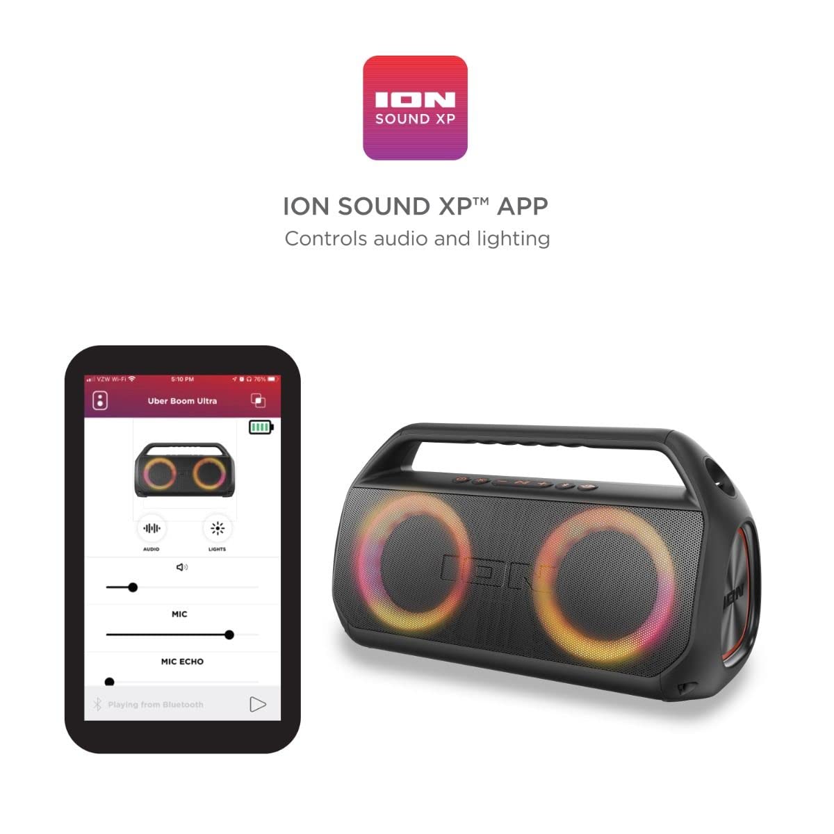 Ion Uber Boom Ultra - Water Resistant 80W Portable Bluetooth Party Speaker with Lights, Battery, Built-in Microphone, and AUX Input (Renewed)