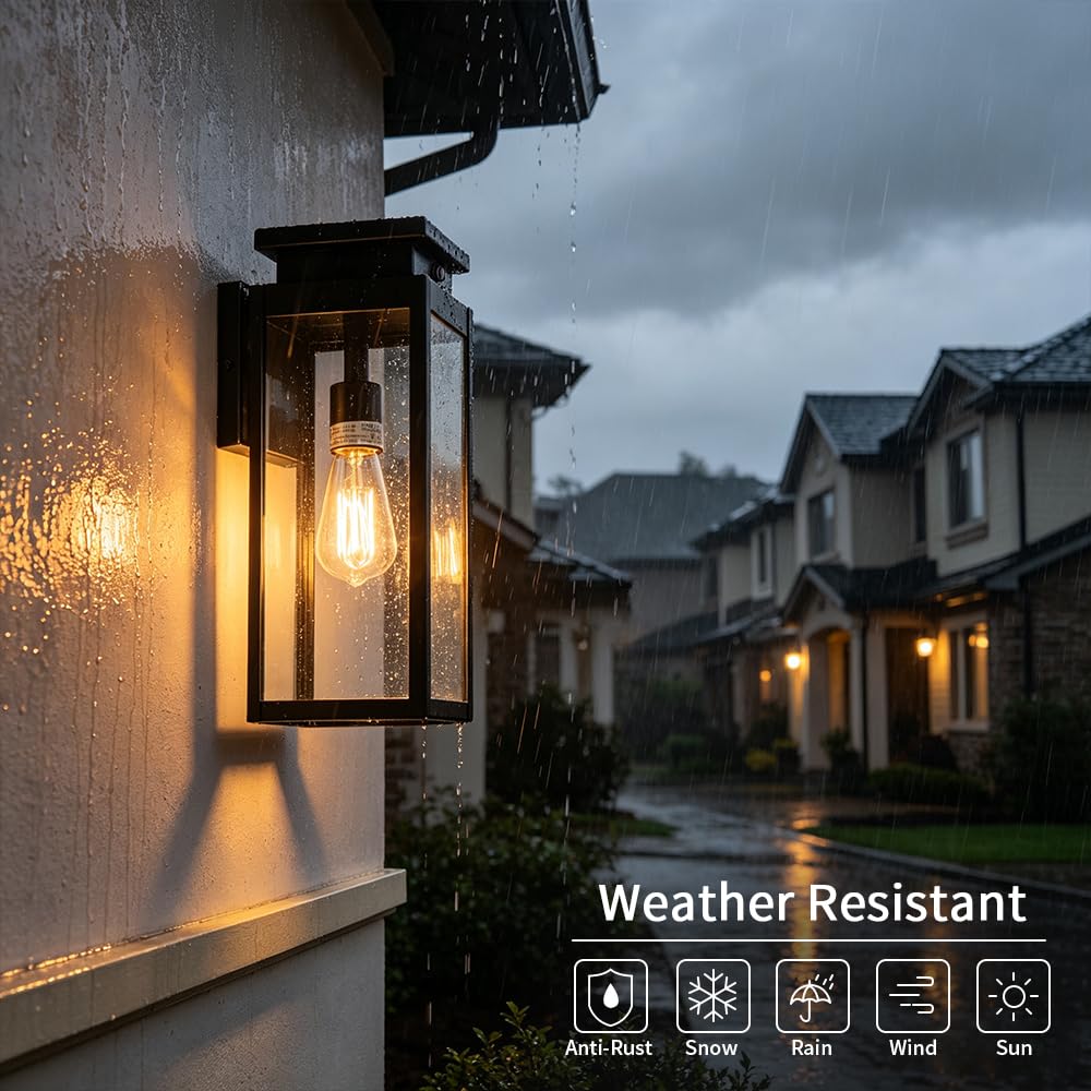 Cerdeco Exterior Dusk to Dawn Sensor Outdoor Wall Light with 4 Side Clear Glass and 15 Inches in Height,Black Porch Sconce Wall Mounted Lighting