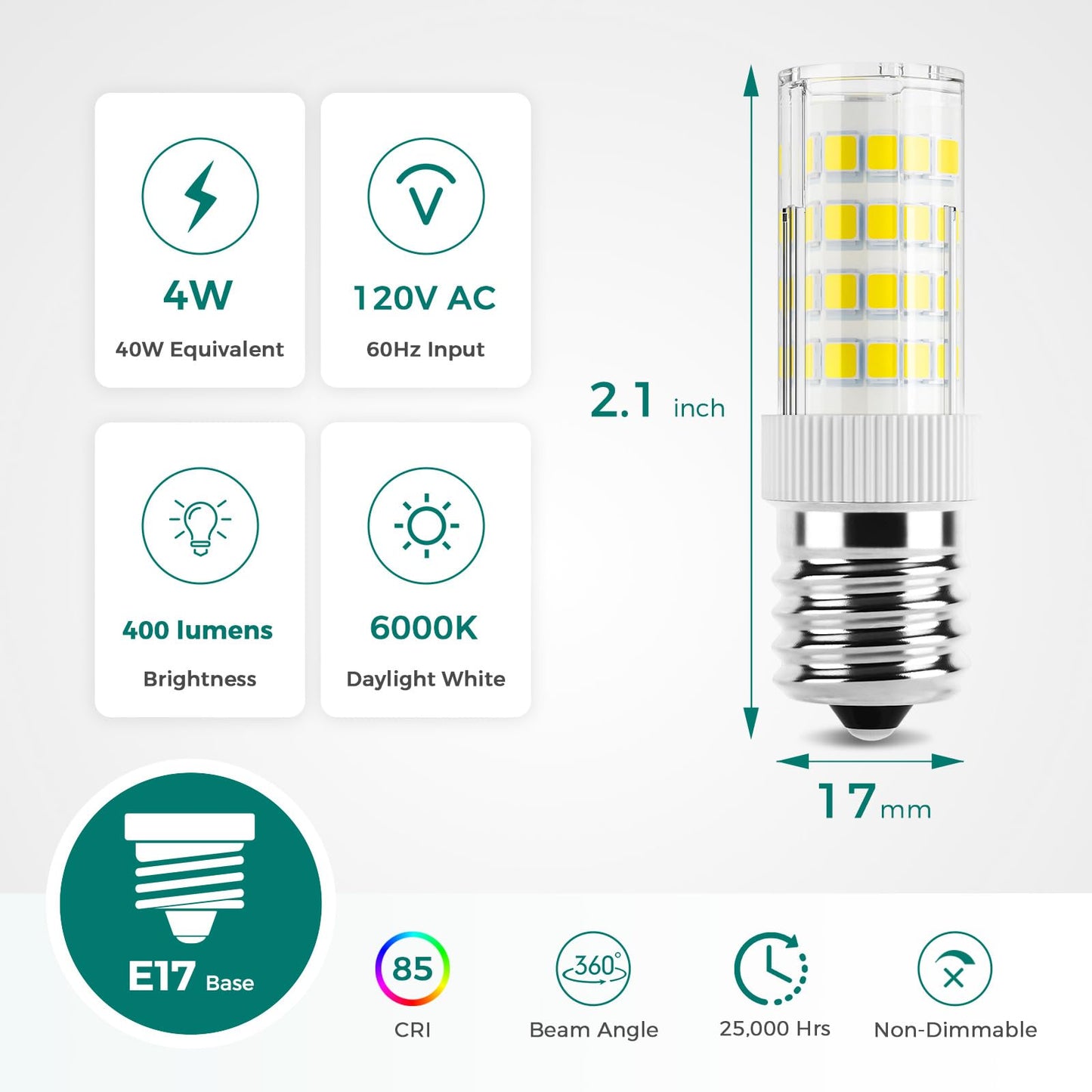 DiCUNO E17 LED Bulb 4W, Appliance Bulb, 400LM, Daylight White 6000K, 6-Pack