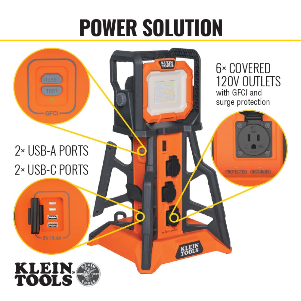 Klein Tools 29610 PowerHub, 6 Surge Protected Covered 15A Outlets, 5000 Lumen Work Light, 4 USB Ports, Built-in GFCI, Overcurrent Protection