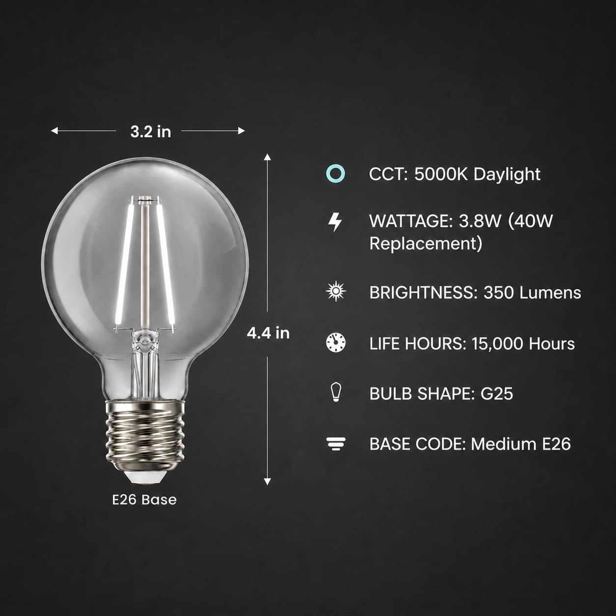 Feit Electric G25 White Filament LED Bulb, 40W Eq, Daylight, 3 Pack