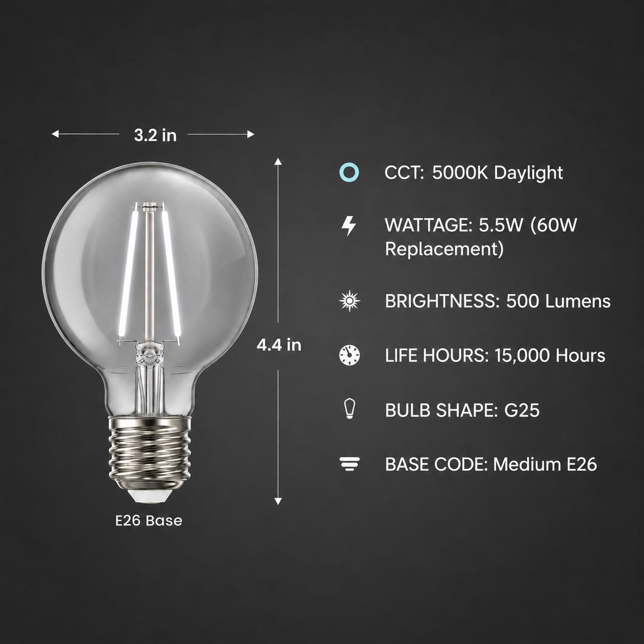 Feit Electric G25 White Filament LED Bulb, 60W Eq, Daylight, 3 Pack