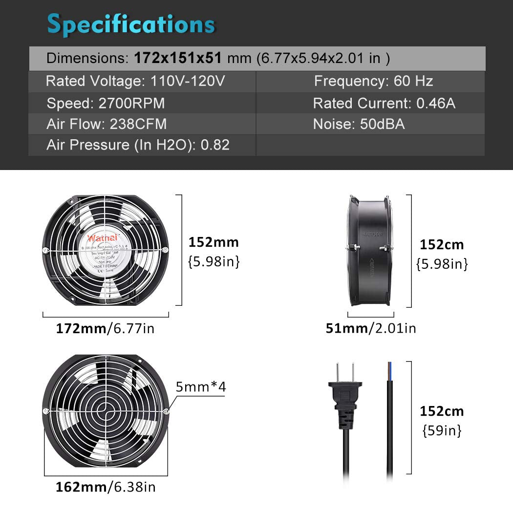 Wathai AC 110V 120V Axial Fan Big Airflow High Speed Dual Ball 172mm x 150mm x 51mm for DIY Cooling Ventilation Exhaust Projects For Server
