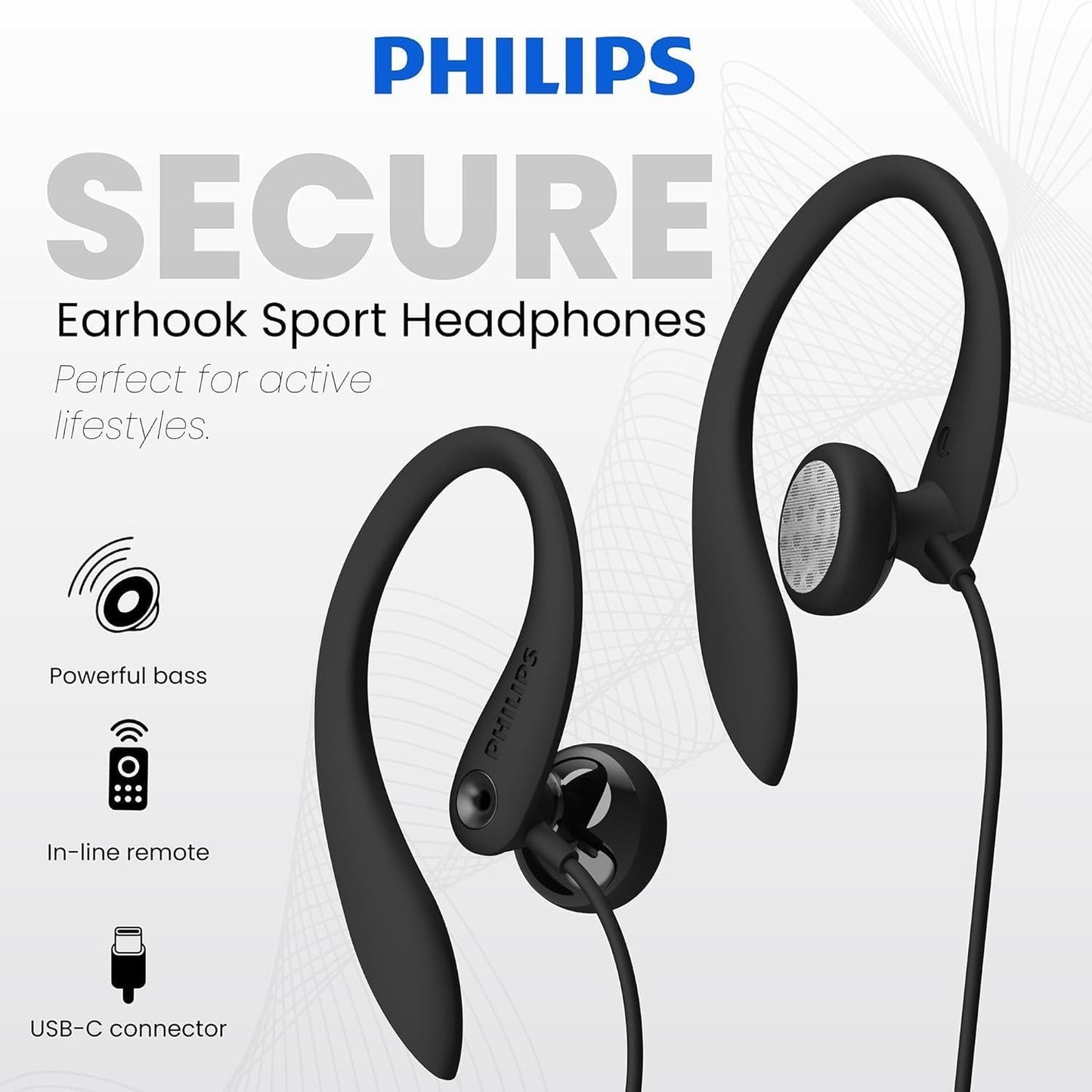 PHILIPS USB-C Wired Earbuds with Microphone, Secure Fit Over-Ear Sport Earhooks, Deep Bass 15mm Drivers, in-Line Controls, Plug-and-Play USB-C