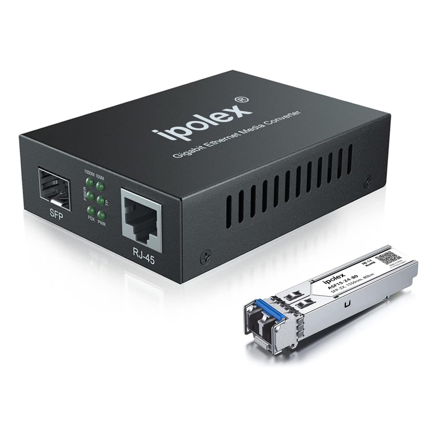 ipolex Gigabit Single-Mode LC Fiber to Ethernet Media Converter, with A SFP ZX Module, 1310nm, SMF, up to 80-KM, 1.25G Fiber to Copper Media
