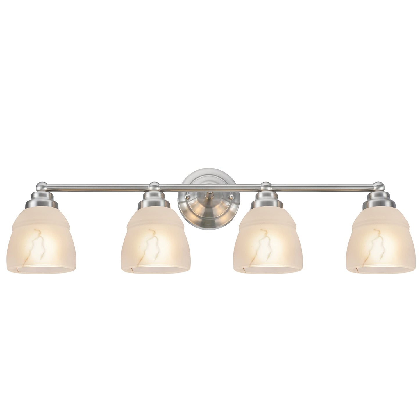 Aspen Creative Satin Nickel 62193-1, Four Metal Bathroom Vanity Wall Light Fixture, 4 3/4" Wide, Transitional Design Faux Alabaster Glass Shade