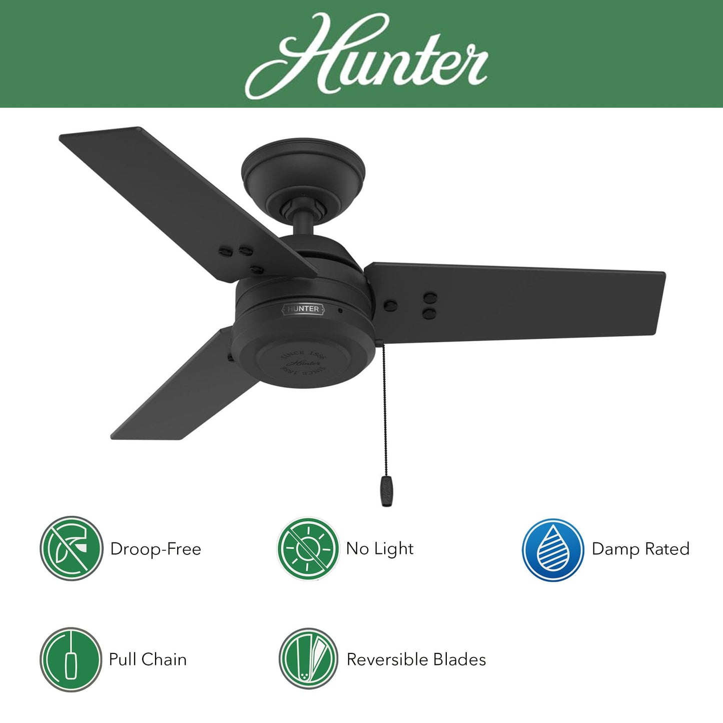 Hunter Fan 36 inch Ceiling Fan with No Light, Outdoor or Indoor Matte Black Ceiling Fan with Pull Chain for Porch, Living Room, Office, Kitchen
