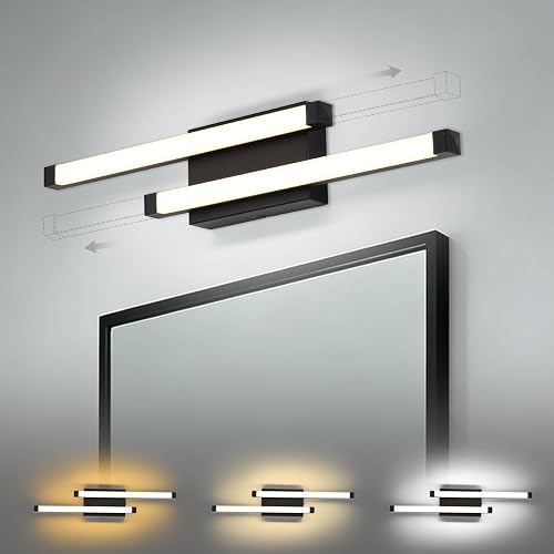 Bathroom Vanity Light Bar, 24 Inch Modern Black LED Vanity Light, 18W 3 CCT 3000K 4000K 6000K Dimmable Hardwired Bathroom Light Fixtures Over Mirror