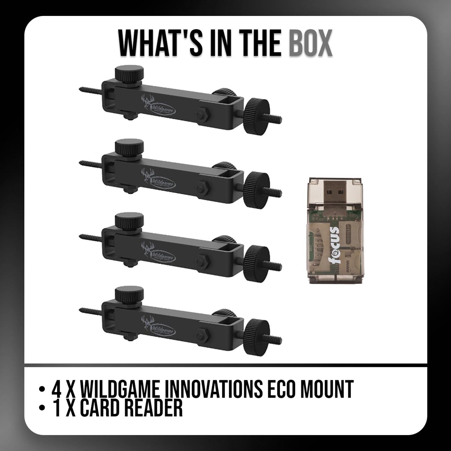 Wildgame Innovations Eco Mount (4-Pack) - Compatible with Cameras and Solar Power Packs Bundle with Card Reader (5 Items)