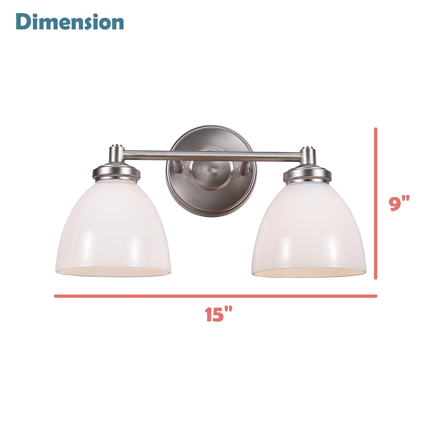 Aspen Creative 62280, Bathroom Vanity 2 Lights Fixture, 15" W x 9" H x 7-1/2" E, Brushed Nickel Finish, Clear Glass w/Paint White Inside