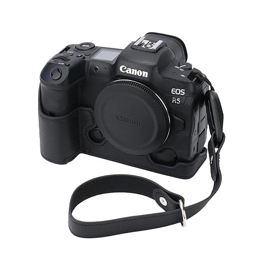 for Canon EOS R5 Camera Case,Handmade Genuine Real Leather Half Camera Case Bag Cover for Canon EOS R5 Camera Bottom Opening Version + Hand Strap