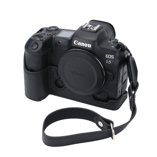 for Canon EOS R5 Camera Case,Handmade Genuine Real Leather Half Camera Case Bag Cover for Canon EOS R5 Camera Bottom Opening Version + Hand Strap
