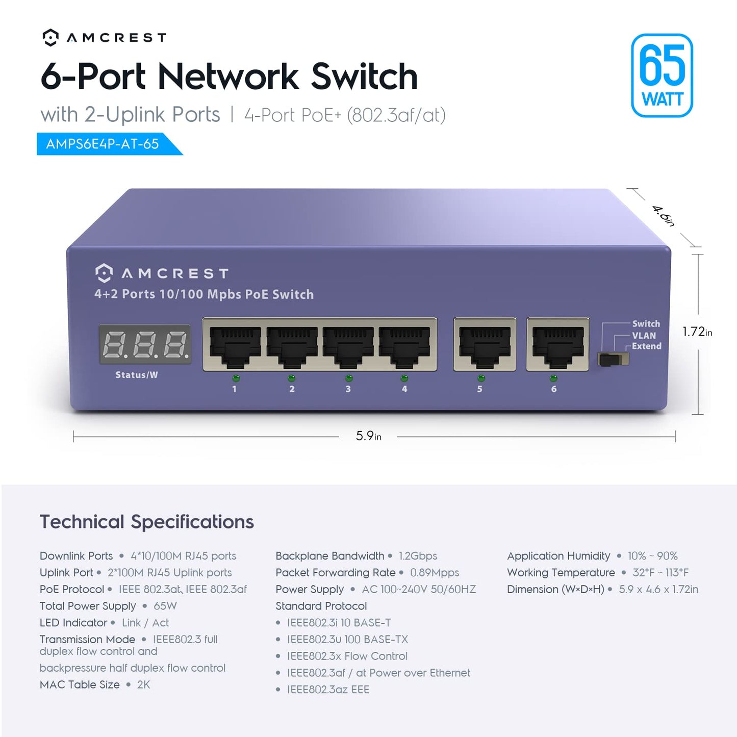 Amcrest 6-Port POE+ Power Over Ethernet Switch with Metal Housing, 4-Ports POE+ 802.3at 65W