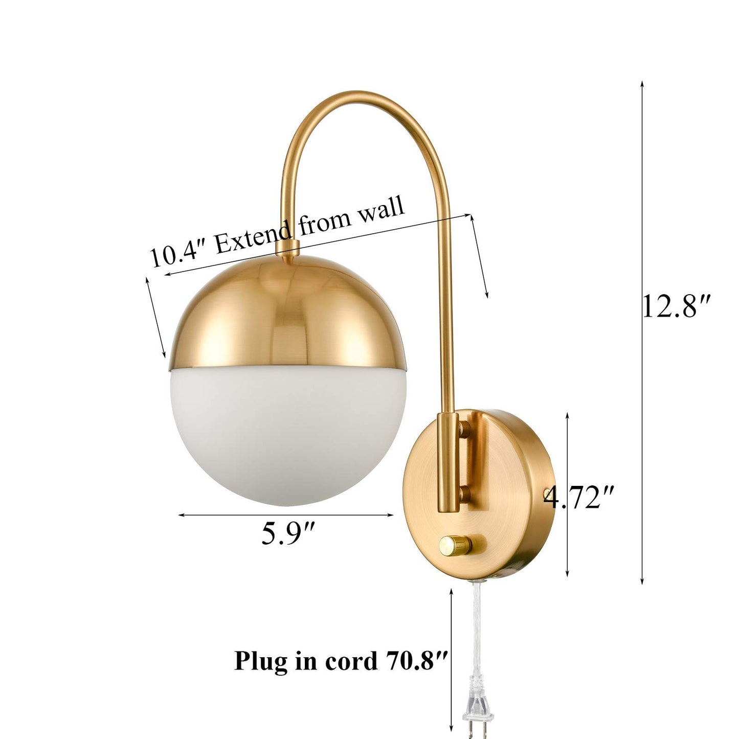 TENGIANTS Mid Century Modern Wall Sconce with Switch Gold Wall Lamp Brass Finished Plug in Wall Light with Opal White Glass Globe Wall Sconce