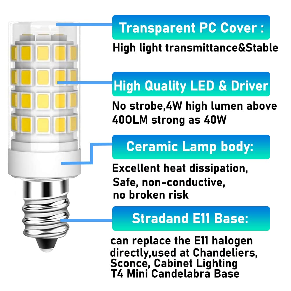 SZKOV 2-Pack E11 LED Bulb JD E11 Candelabra Light Bulb 4W Equivalent 40W Halogen Bulb T4 Edison Screw Candle Mini Candelabra Base,for Chandeliers