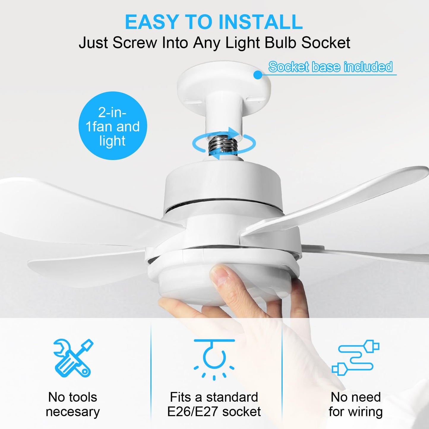 Socket Fan Light With Remote, Screw Ceiling Fans with Lights, 5 Reversible Blades, Quiet 6-Speed DC Motor, Dimmable Socket Fan for Garage Bathroom