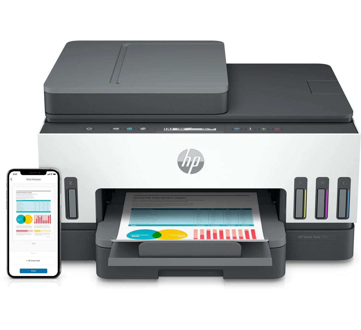 HP Smart -Tank 7301 Wireless All-in-One Cartridge-Free Ink Printer, Mobile Print, scan, Copy, Automatic Document Feeder - 28B70A (Renewed)