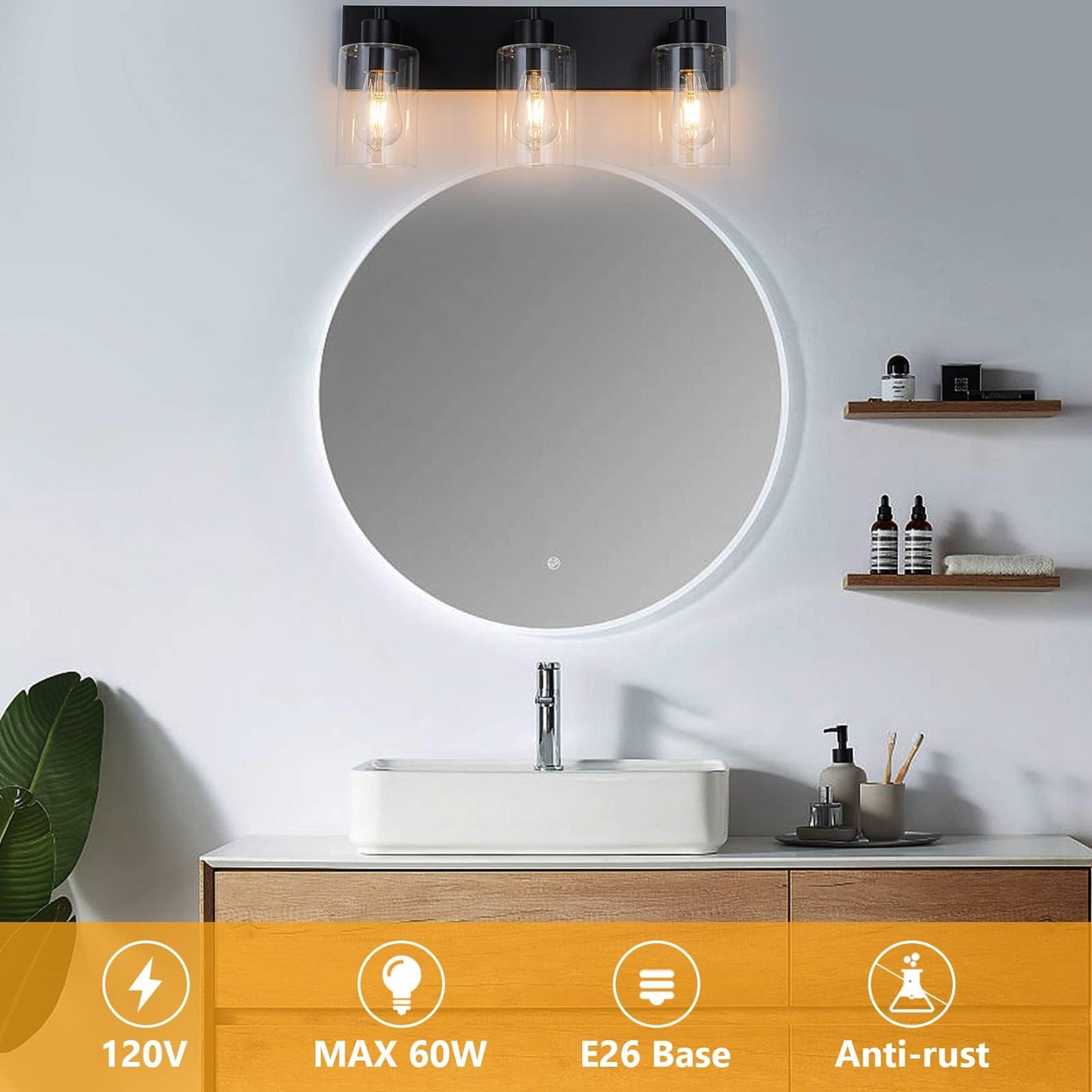 Chosenior 3-Light 22 Inch Matte Black Bathroom Vanity Light, Modern Farmhouse Wall Sconce Over Mirror with Clear Glass Shade E26 Base