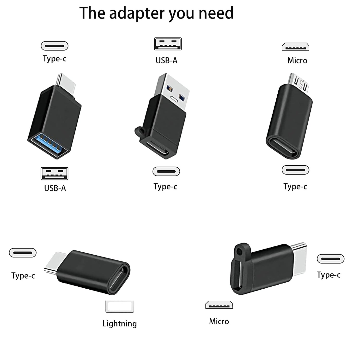 KLJ USB-C Adapters, Type C to Micro USB 3.0 Pack of 5, Black