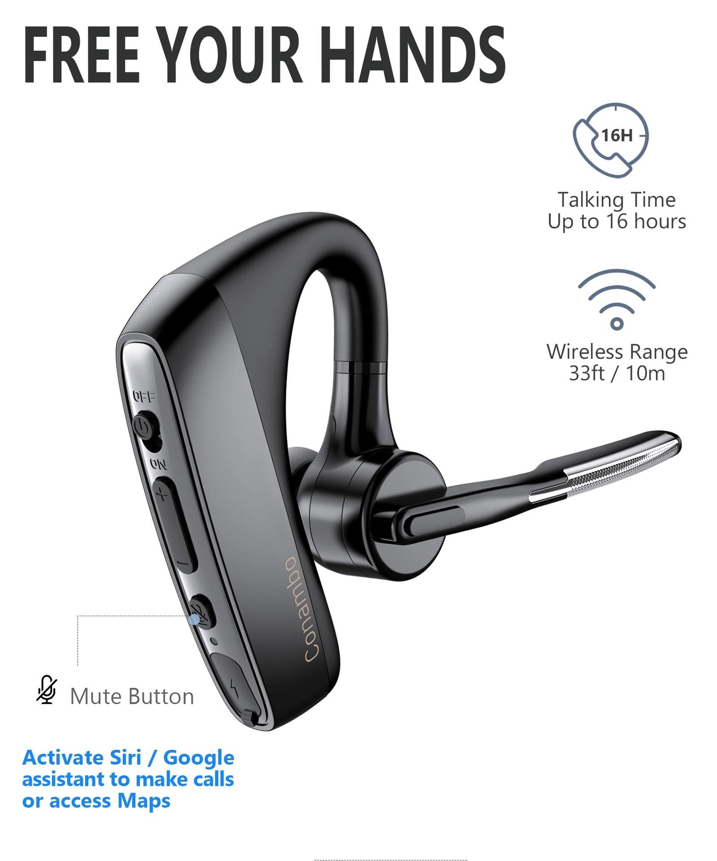 Conambo K18 Wireless Headset Bluetooth V5.1, Bluetooth Earpiece 16 Hrs Talking Time Hands-Free Single Ear Bluetooth Headset with Dual Mic Noise