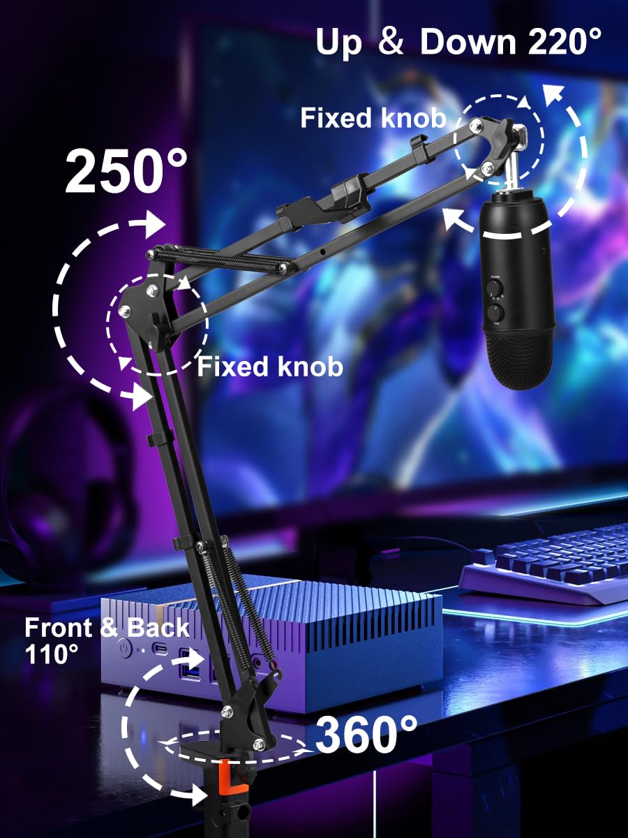BOSEEN Microphone Boom Arm, Adjustable Suspension Boom Scissor Arm Stand with Heavy Duty Clamp, Pop Filter and Mic Clip Compatible with Yeti, QuadCast