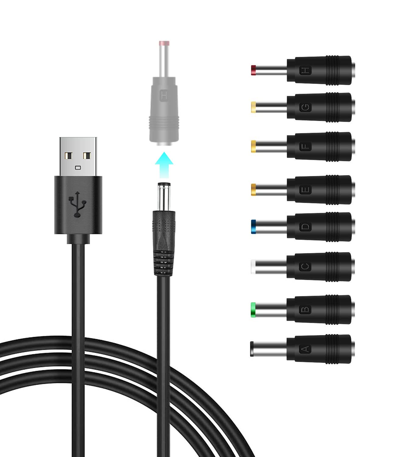 Lantisri 5V DC Power Cable, USB to DC 5.5x2.1mm Plug Charging Cord with 8 Connectors Adapters fit for Speaker, Router, LED Light, Moon Lamp and More