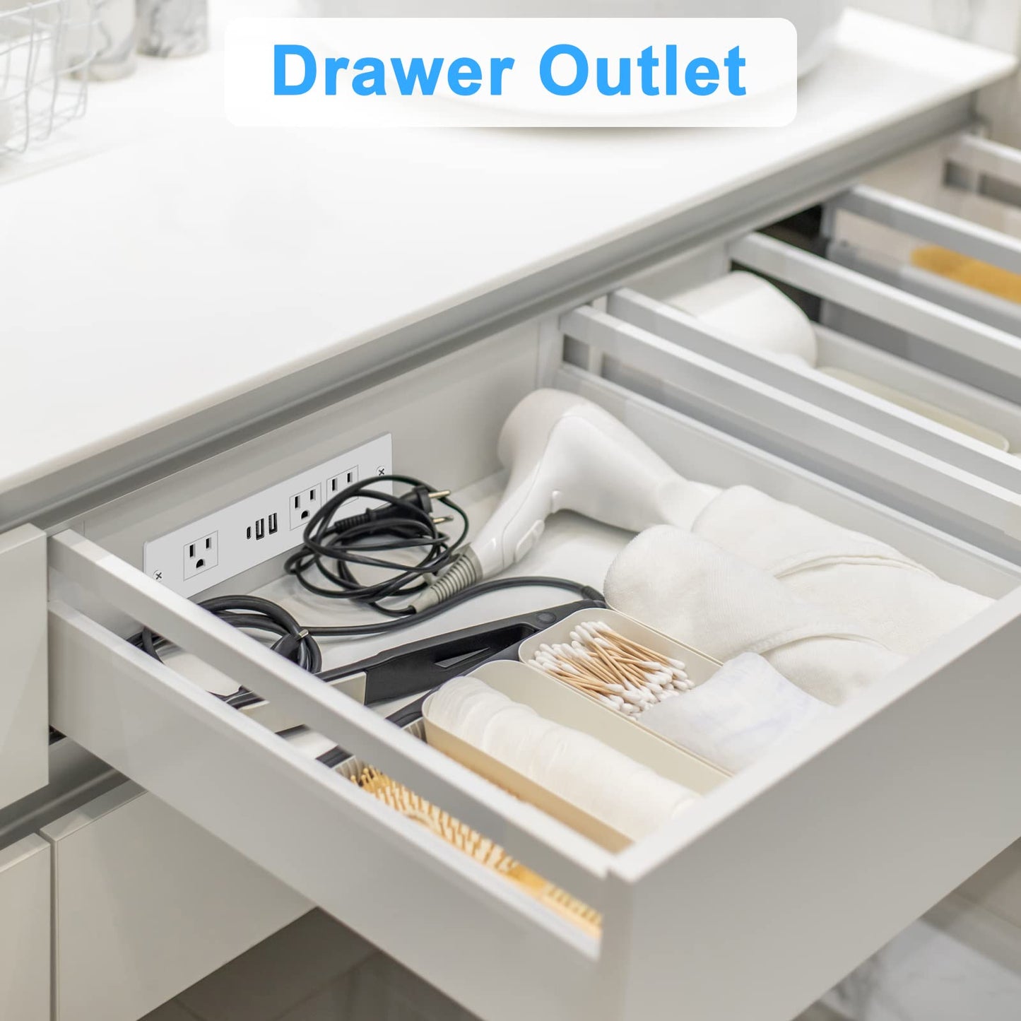 HEZI Recessed Power Strip, Furniture Drawer Outlet with 20W PD USB-C & 18W QC3.0 USB-A, Plug in 3 Outlets & USB Ports, Flush Mount 6FT White Extension