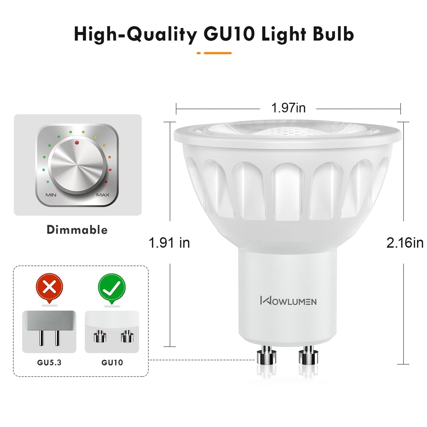 WOWLUMEN Dimmable GU10 LED Light Bulbs, MR16 GU10 Base Bulb Replacement for Recessed Track Lighting, 3000K Warm White 5W 500LM 40° Spotlight
