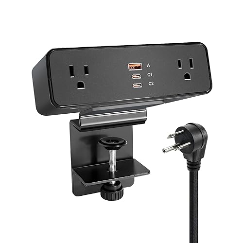 Desk Clamp Power Strip USB C 100W, Desktop Edge Mount Fast Charge Station 3 PD USB Port 2 AC Outlets 6ft Braided Extension Cord Flat Plug Fit Max