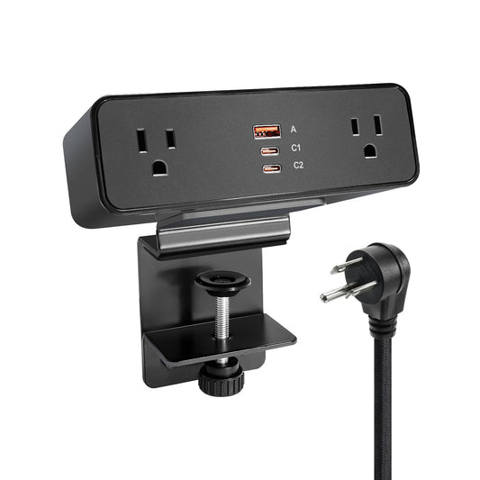 Desk Clamp Power Strip USB C 100W, Desktop Edge Mount Fast Charge Station 3 PD USB Port 2 AC Outlets 6ft Braided Extension Cord Flat Plug Fit Max