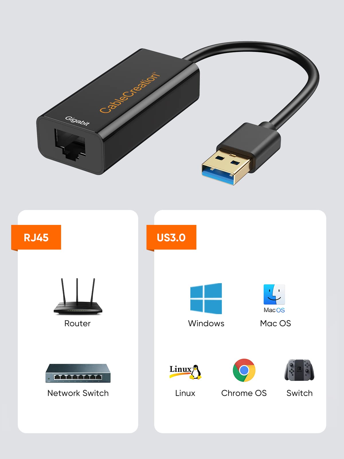 USB to Ethernet Adapter, CableCreation USB 3.0 to 10/100/1000 Gigabit Wired LAN Network Adapter Compatible with Nintendo Switch, Windows, MacBook