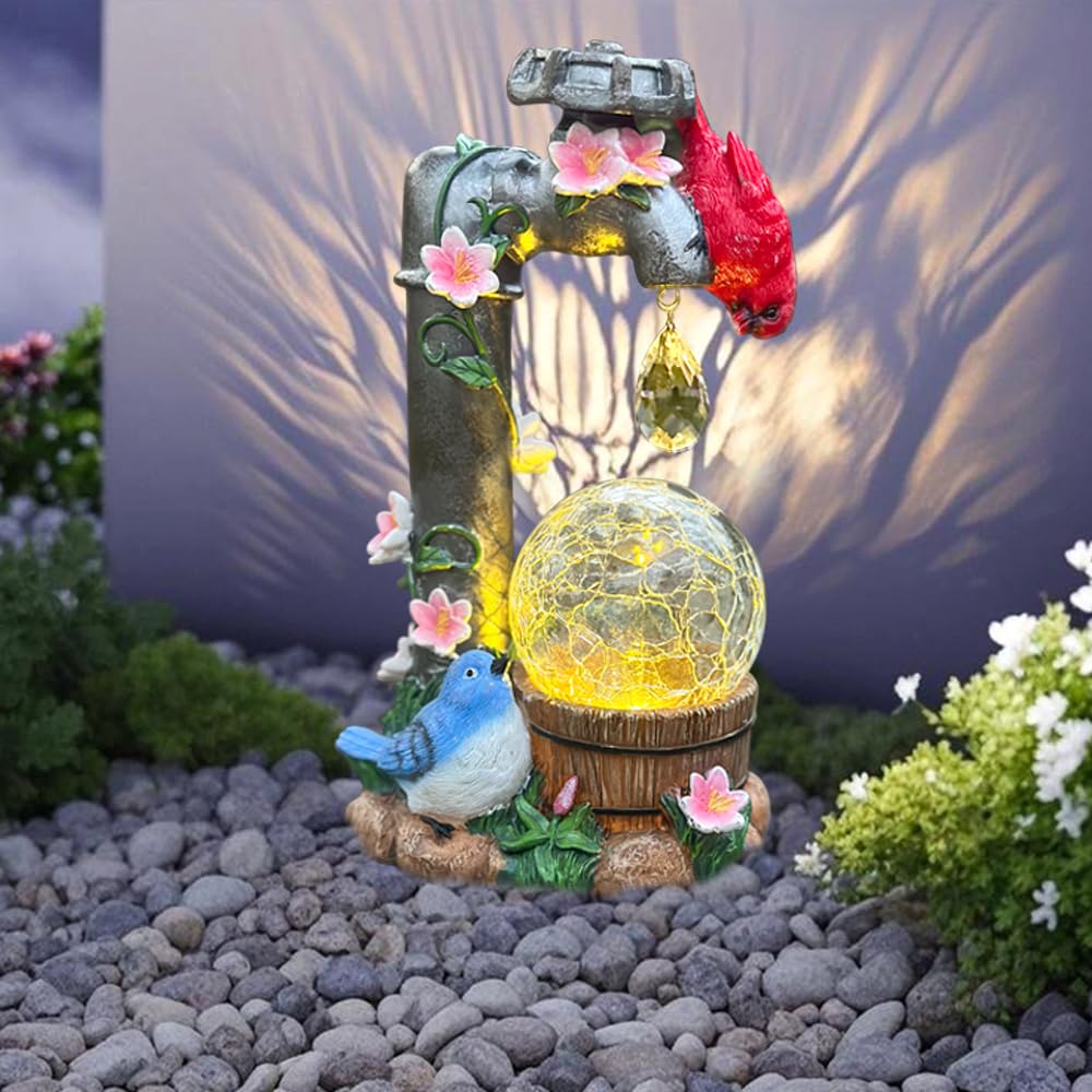 ZYLiWoo Solar Cardinal Garden Statue Decoration, Water Faucet and Solar Light Glass Ball, Outdoor Resin Garden Statue, Cardinal Gift, Women's Mother's