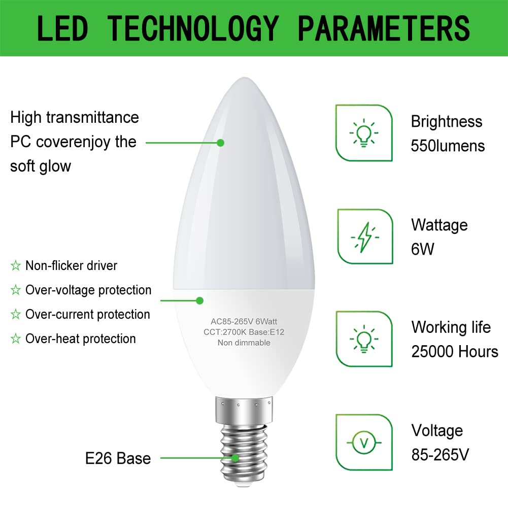 GOSCHE Type B E12 Candelabra LED Bulbs, 60-Watt Equivalent, 5000K, 6 Pack