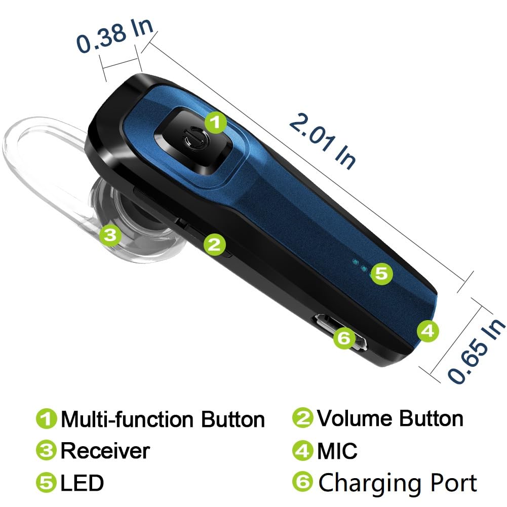 TOORUN Bluetooth Earpiece, M26 Bluetooth Headset Handsfree V5.0 Wireless Earpiece Headphone with Noise Reduction and Microphone Compatible for Android