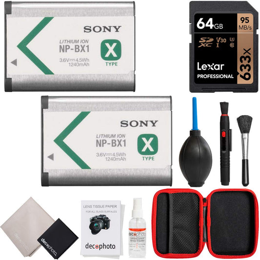 Sony NP-BX1 Lithium-Ion X Type Battery, Silver (2-Pack) Bundle with Lexar Professional 633x 64GB UHS-1 Class 10 SDXC Memory Card and Deco Photo