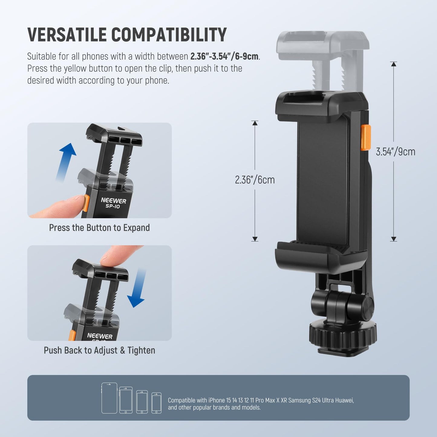 Neewer Basic Phone Tripod Mount Holder with 1/4" Thread & Cold Shoe, 2.36"-3.54"/6-9cm 360° Rotatable Camera Mount Cellphone Clamp for iPhone 15 14 13