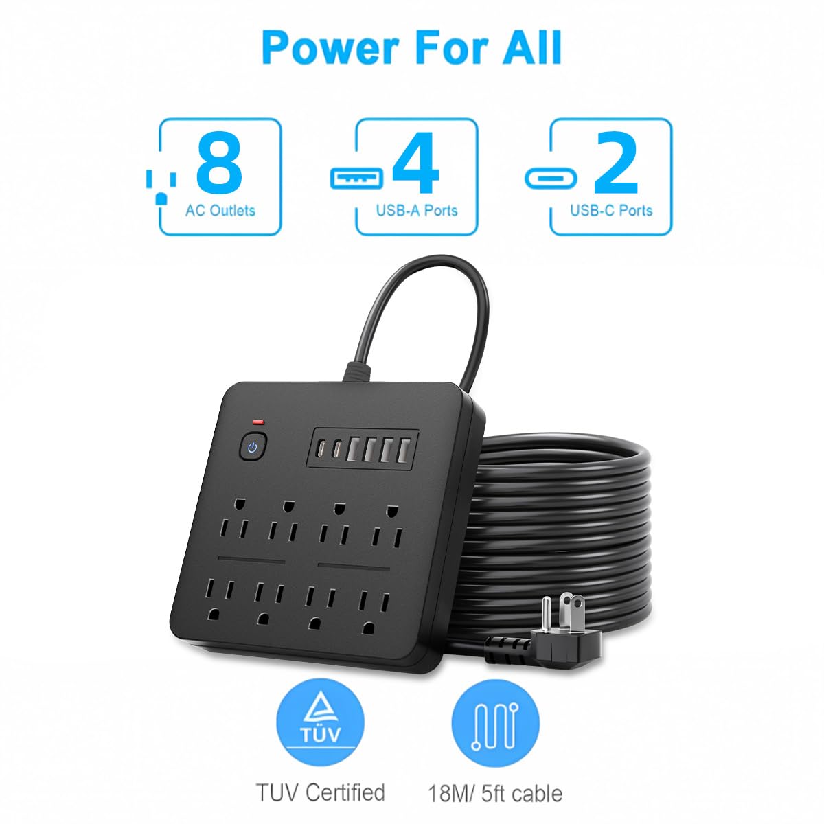 6 FT Flat Plug Surge Protector Power Strip,8 Multiple AC Outlets with 6 USB Ports (2 USB C), 6 Feet Extension Cord, 1250W/10A, One Touch Switch