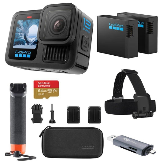 GoPro Hero13 Action Camera with 5.3K60 Video, 27MP Photo with the Handler, 2 Enduro Batteries, 2 Adhesive Mounts, Mounting Buckle, 64GB SD, Case, Head