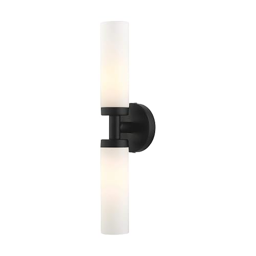 Livex Lighting 10104-04 Aero Collection ADA 2-Light Bathroom Vanity Light with Satin Opal White Glass Cylinder Shades, Black, 18 x 4.25