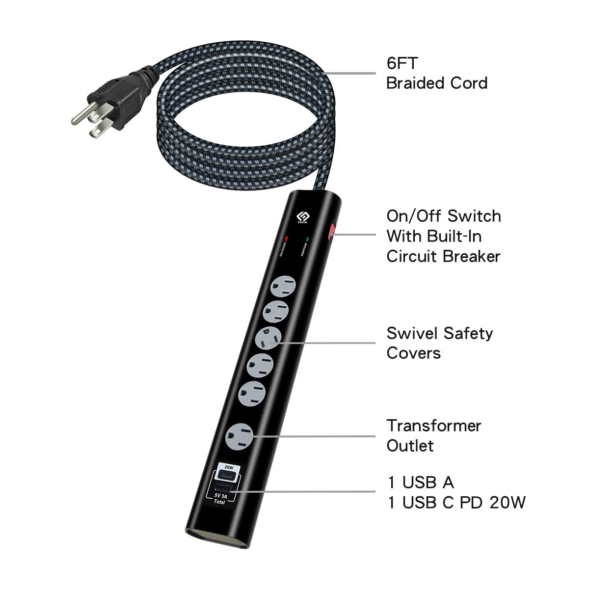 OSKOS PD20W USB-C Charger, Two USB Ports (1A1C), 6 outlets Power Strip with 6FT 14/3 Braided Cord, 1080 Joules Surge Protected, 15A Built-in Circuit