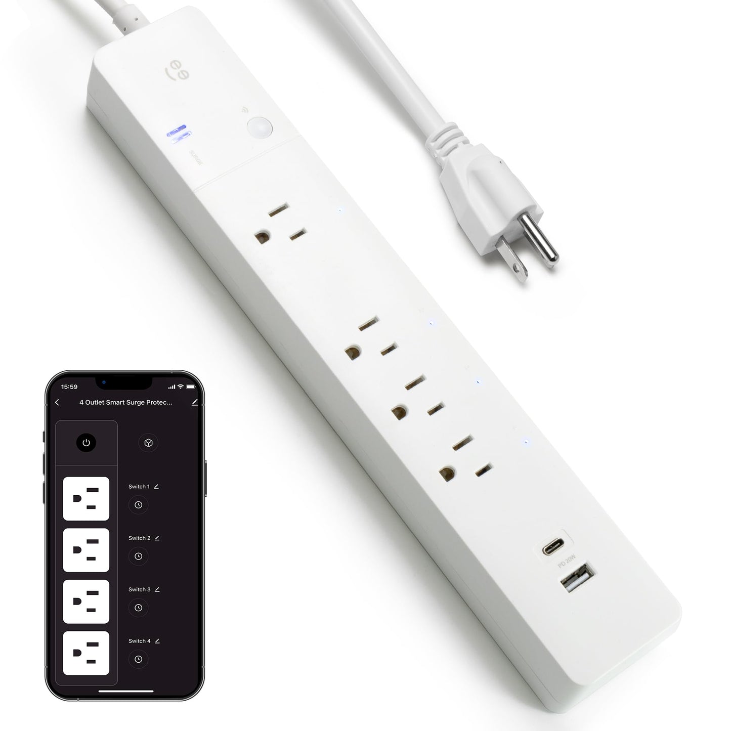 Geeni Multi Outlet Plug in, Smart 4 Outlet Wall Plug Plus 2 USB Ports, Surge Protector with 6 Ft Cord, WiFi Control, Alexa & Google Home Compatible